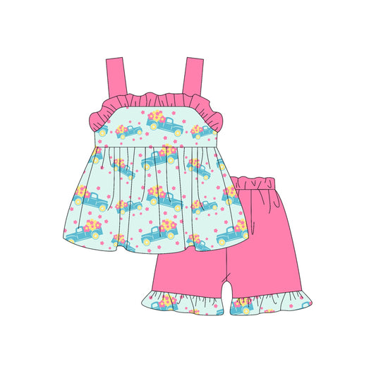 Preorder (moq 5)Baby Girls Pink Strap Flowers Trucks Tunic Ruffle Shorts Set