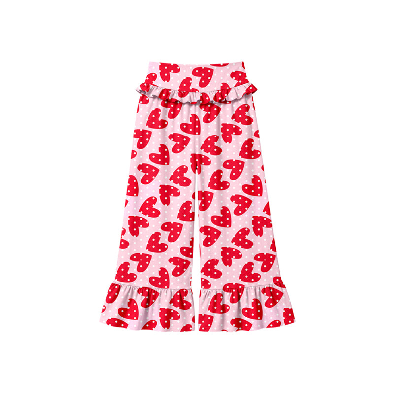 Preorder (moq 5) Baby Girl Clothes Red Heart Polka Dot Mixed Print Long Waist Ruffle Bell Bottom Pants
