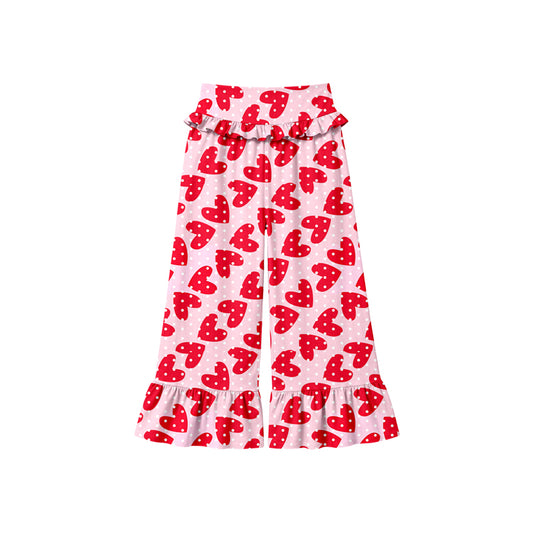 Preorder (moq 5) Baby Girl Clothes Red Heart Polka Dot Mixed Print Long Waist Ruffle Bell Bottom Pants