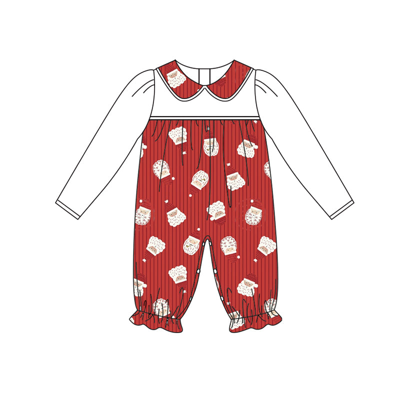 Preorder (moq 5)Baby Girls Long Sleeves Red Stripe Santa Ruffle Rompers