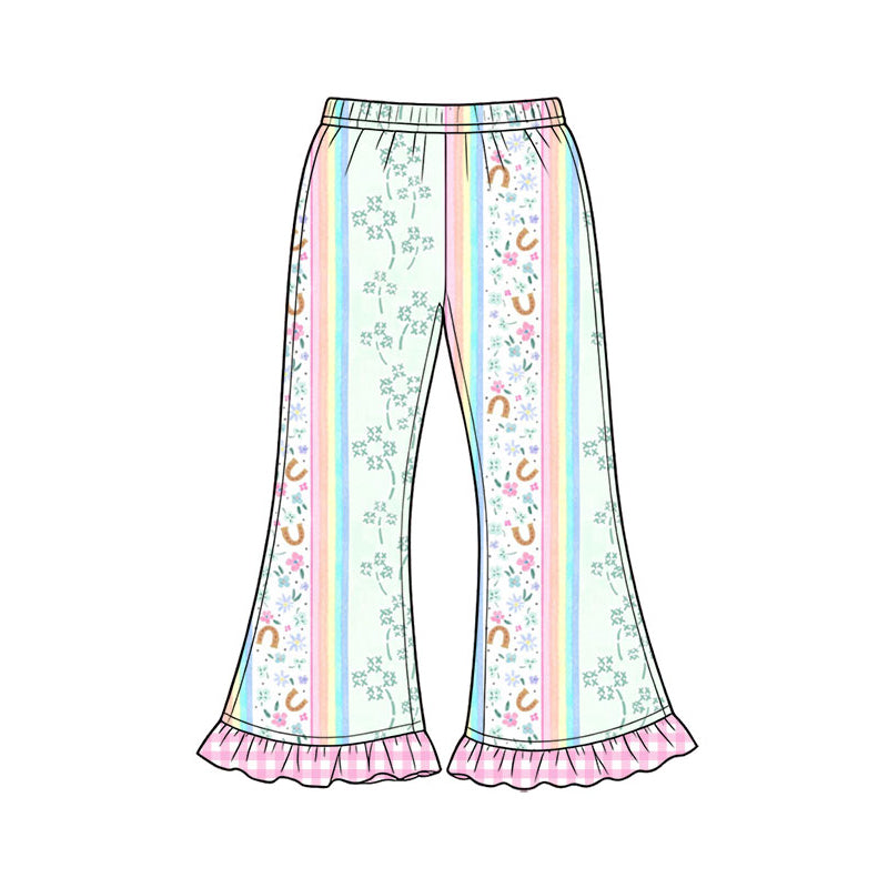 Preorder (moq 5) Baby Girl Clothes Rainbow Floral Horseshoe Mixed Print Long Sleeve Ruffle Flare Pant