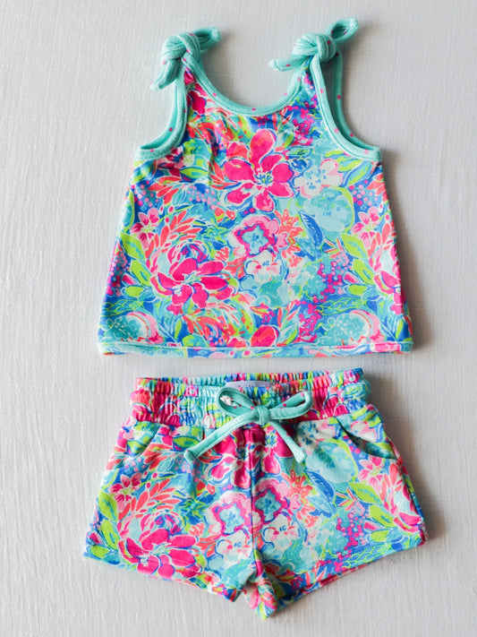 Baby Girls Pink Blue Flowers Top Shorts Outfits Sets Preorder (moq 5)