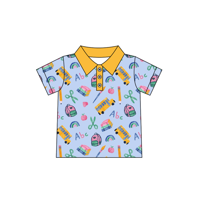 Preorder (moq 5)Baby Boys Blue Short Sleeves Button Peaches Pencils Polo Shirts Top