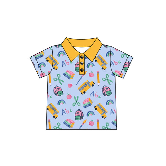 Preorder (moq 5)Baby Boys Blue Short Sleeves Button Peaches Pencils Polo Shirts Top