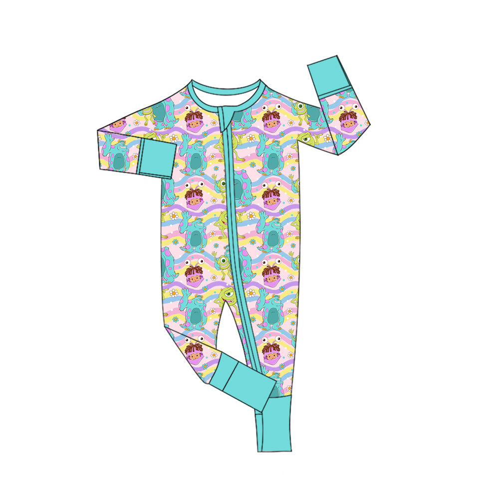 Preorder (moq 5)Baby Girls Cartoon Monsters Stripe Zipper Footie Rompers
