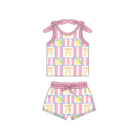Preorder moq 5 Baby Girls Bows Sleeveless Bows Lemons Top Pockets Short Set