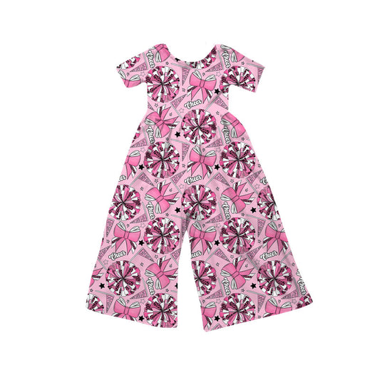 Preorder(moq 8)Baby Girls Pink Bows Go Footballs Short Sleeve Team Pant Jumpsuits