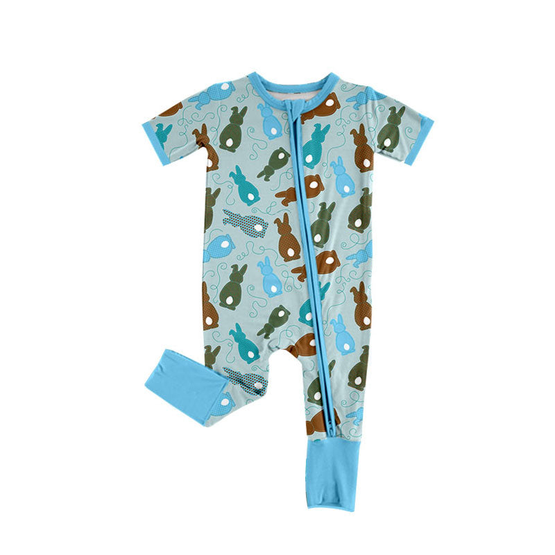Preorder (moq 8)Baby Boys Colorful Rabbits Easter Zipper Footie Rompers