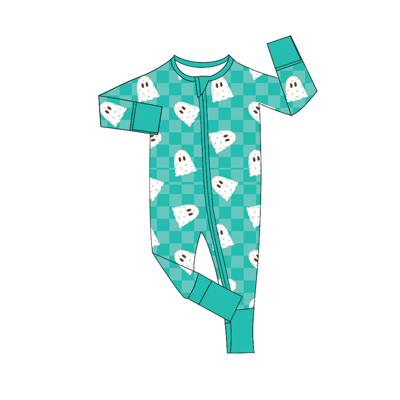 Preorder moq 5 Baby Infant Boys Long Sleeves Ghosts Green Plaid Zipper Romper