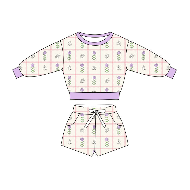 Preorder(moq 5) Baby Girls Pink Flowers Checked Long Sleeve Pockets Shorts Clothes Sets