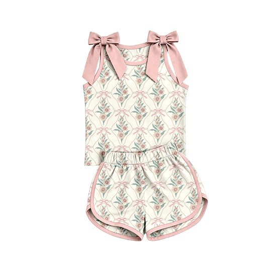 Preorder (moq 5)Baby Girls Bows Sleeveless Bows Flowers Checked Top Short Clothes Set