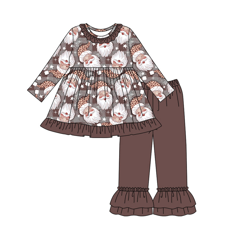 Preorder(moq 5) Baby Girls Brown Long Sleeves Santa Plaid Tunic Ruffle Pants Set