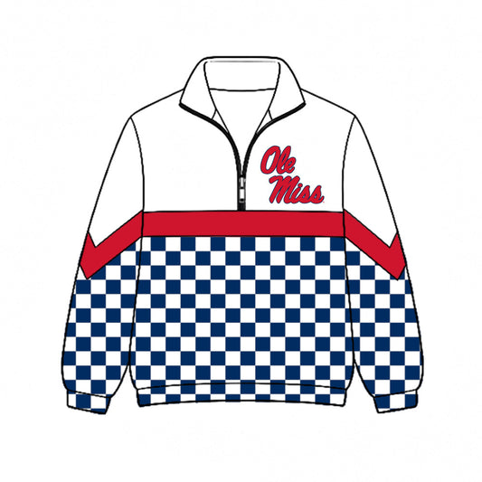 Preorder (moq 5)Baby Boys Blue Checked Ole Miss Team Zip Pullovers Top