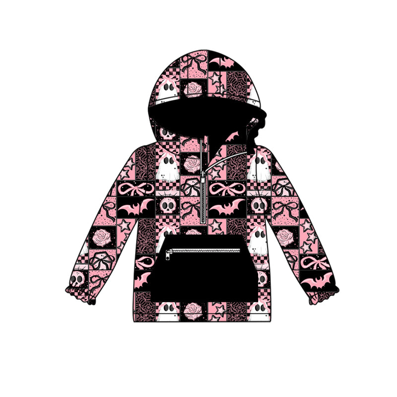 Preorder (moq 5)Baby Girls Ghosts Bows Plaid Pocket Zipper Halloween Hoodies Top
