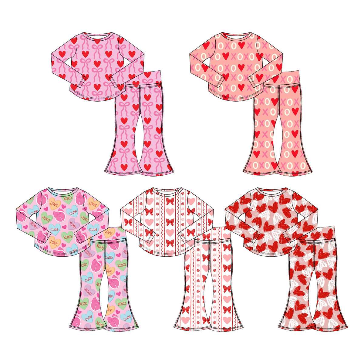 Preorder (moq 5) Baby Girl Clothes Valentines Heart Bow Print Long Sleeve Flare Pant Set