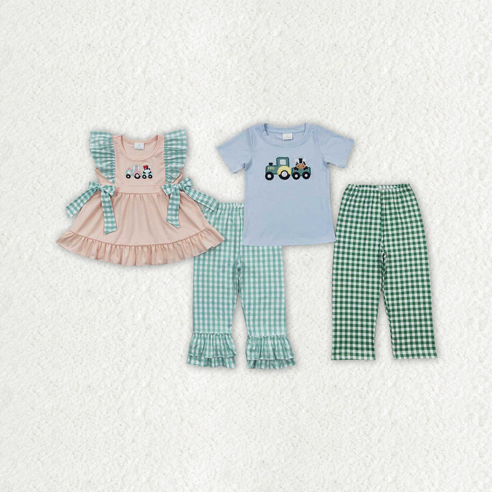Sibling Baby Girls Tractor Cow Pants Farm Clothes Sets