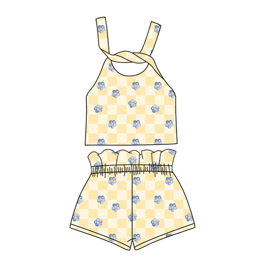 Preorder (moq 5)Baby Girls Checkered Flowers Straps Top Shorts Clothes Sets