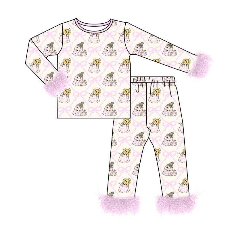 Preorder (moq 5)Baby Girls Bows Ghost Pumpkins Fur Sleeves Top Pants Halloween Pajamas Sets