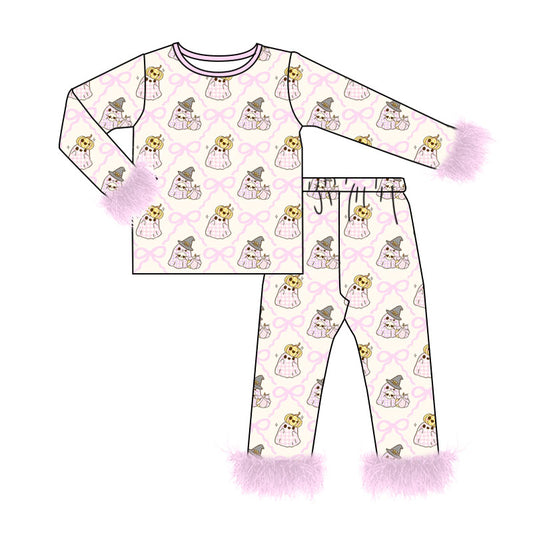 Preorder (moq 5)Baby Girls Bows Ghost Pumpkins Fur Sleeves Top Pants Halloween Pajamas Sets