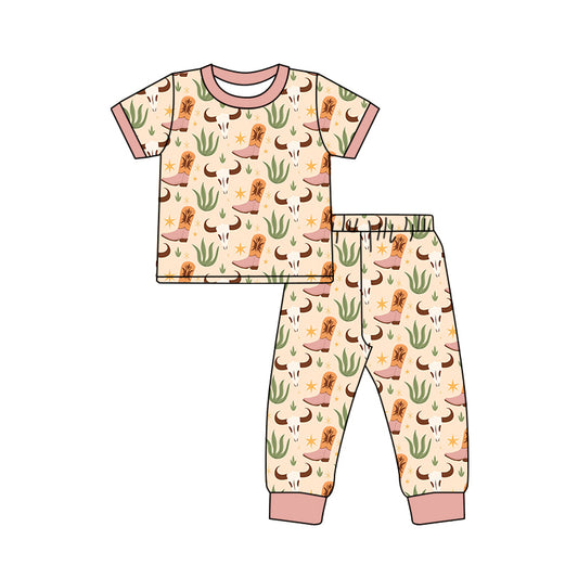 Preorder (moq 5)Baby Boys Peach Short Sleeves Boots Bull Skull Cactus Top Pant Pajamas Set