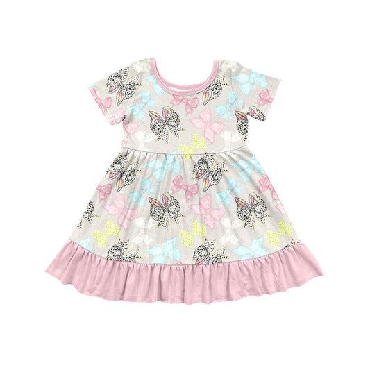 Preorder(moq 8)Baby Girls Short Sleeve Rabbit Bows Easter Ruffle Knee Length Dresses