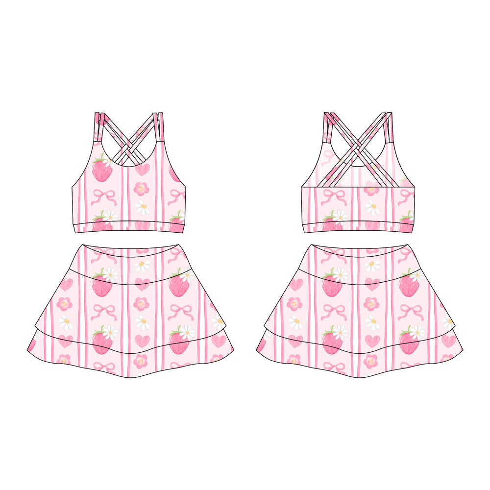 Preorder moq 10 Baby Girls Strap Pink Bows Strawberry Activity Wear Vests Top Short Skirts Yoga Set