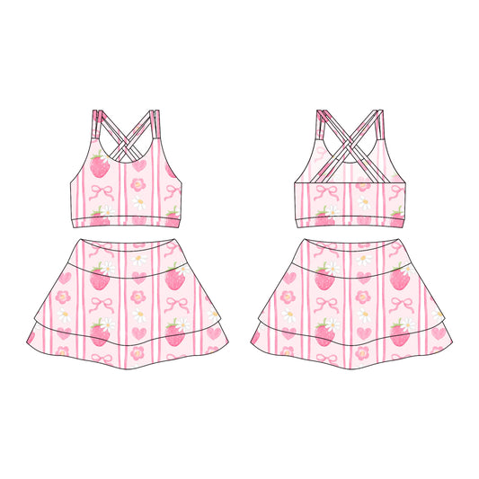 Preorder moq 10 Baby Girls Strap Pink Bows Strawberry Activity Wear Vests Top Short Skirts Yoga Set