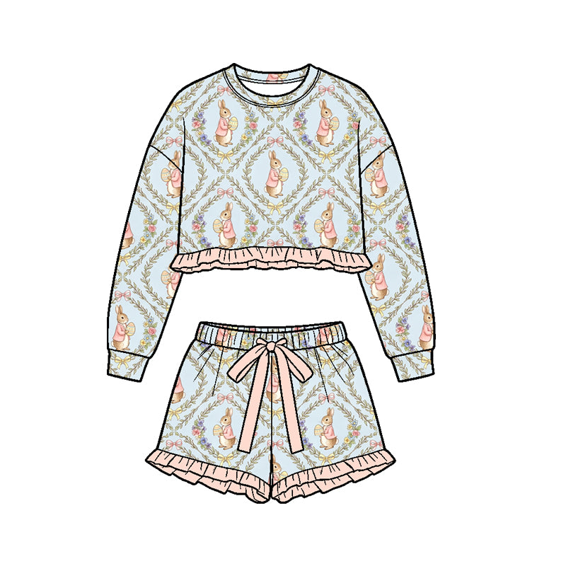 Preorder (moq 5) Girls’ Easter Blue Bunny Print Ruffle Top & Shorts 2-Piece Set