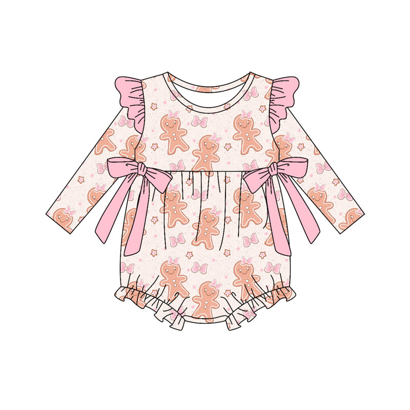 Preorder (moq 5)Baby Girls Pink Gingerbread Bows Christmas Ruffle Rompers
