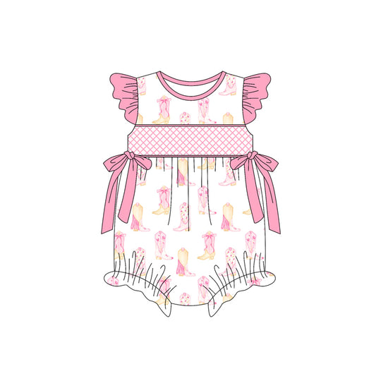 Preorder(moq 5)Baby Infant Girls Pink Flutter Sleeves Bows Boots Ruffle Rompers