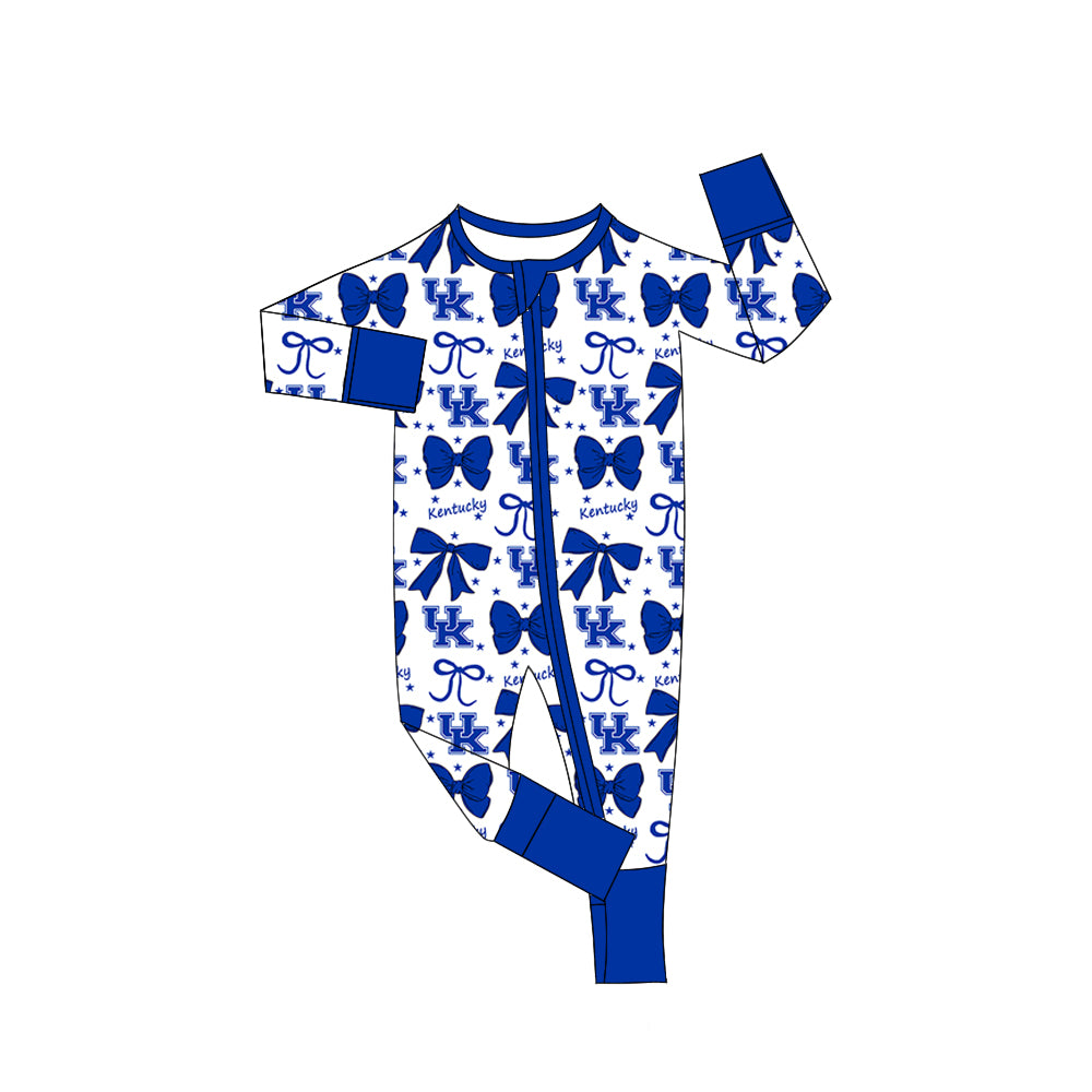 Preorder(moq 5)Baby Girls Blue Kentucky Bows Zipper Footie Rompers