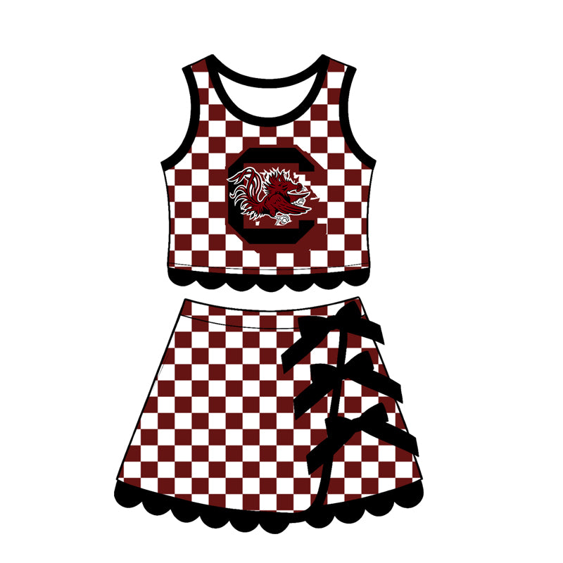 Preorder (moq 5)Baby Girls Maroon Checked Gamecocks Top Bows Skirt Short Scallop Clothes Set