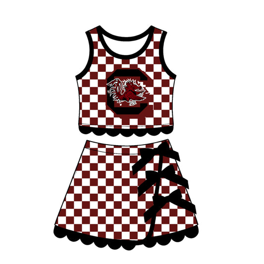 Preorder moq 5 Baby Girls Maroon Checked Gamecocks Top Bows Skirt Short Scallop Clothes Set