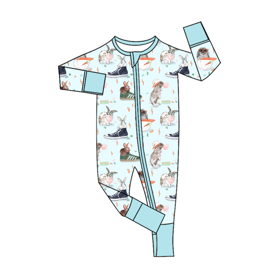 Preorder (moq 5) Baby Boy Clothes Cool Bunny Sneaker Carrot Print Long Sleeve Zipper Baby Romper