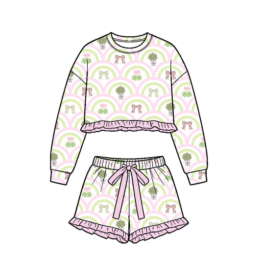 Preorder (moq5) Baby Girls Clovers Rainbows Long Sleeve Top Ruffle Short St Patrick Clothes Set
