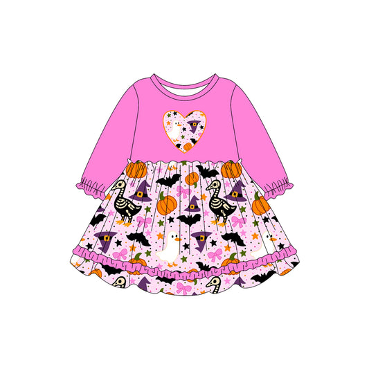Preorder (moq 5)Baby Girls Pink Long Ruffle Sleeves Ghost Pumpkins Hearts Knee Length Dresses