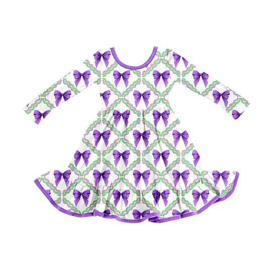 Preorder (moq 5)Baby Girls Mardi Gras Purple Bows Checked Ruffle Knee Length Dresses