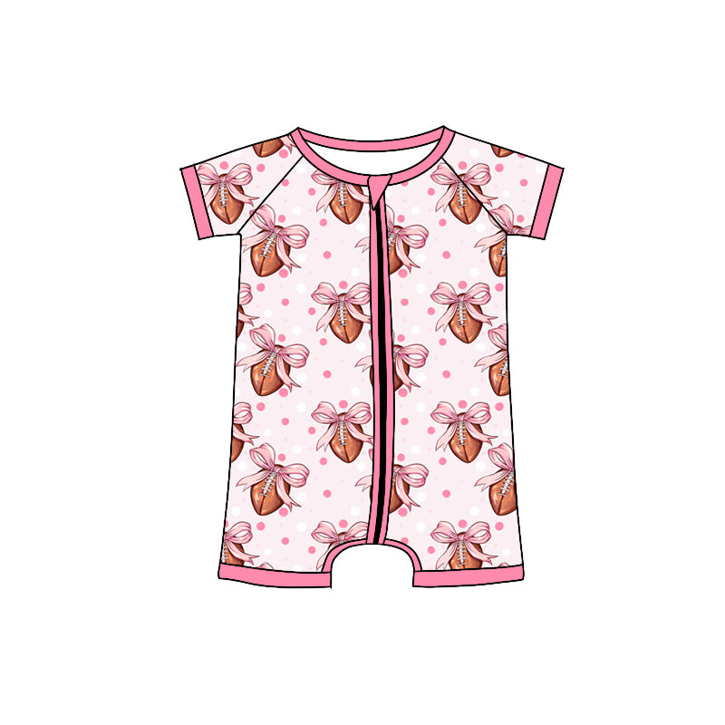 Preorder(moq 5)Baby Infant Girls Pink Football Bows Zip Summer Rompers