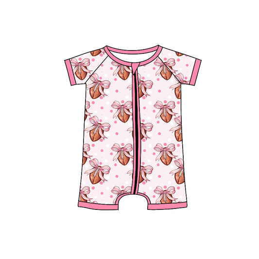 Preorder(moq 5)Baby Infant Girls Pink Football Bows Zip Summer Rompers