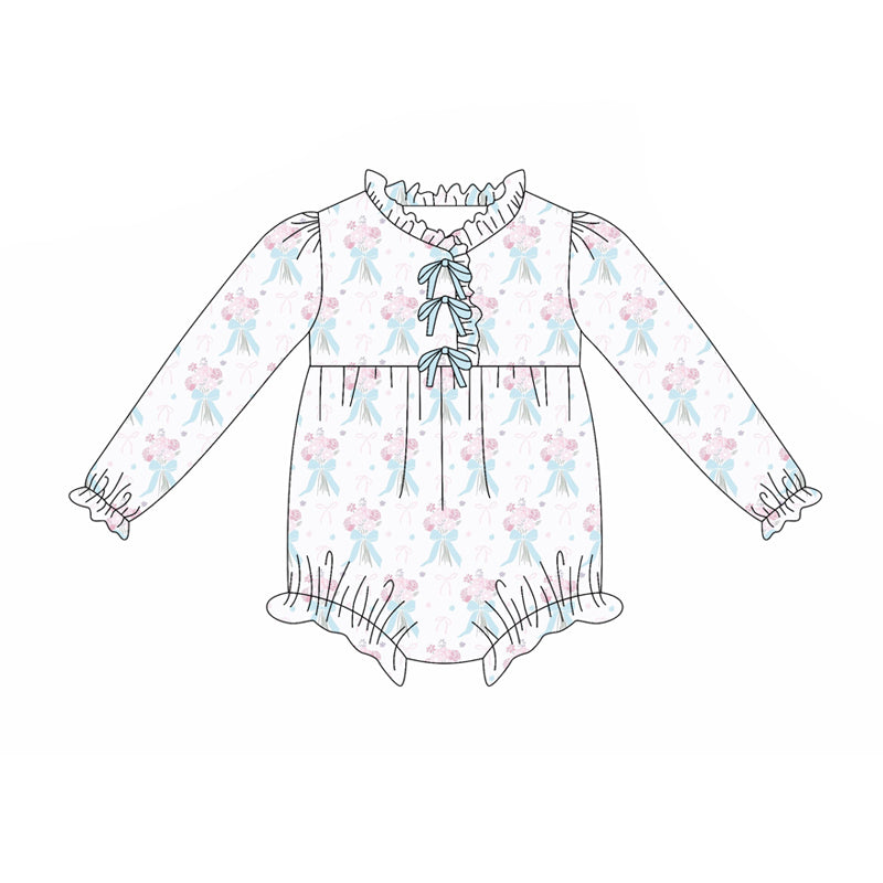 Preorder(moq 5)Baby Infant Girls Blue Bows Flowers Plaid Button Ruffle Rompers