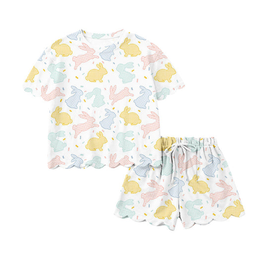 Preorder (moq 5)Baby Girls Colorful Rabbits Sprinkles Top Scallop Shorts Easter Clothes Sets