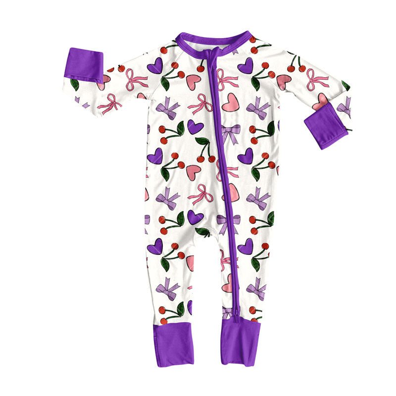 Preorder (moq 5)Baby Girls Pink Purple Bows Hearts Cherry Valentine Zipper Footie Rompers
