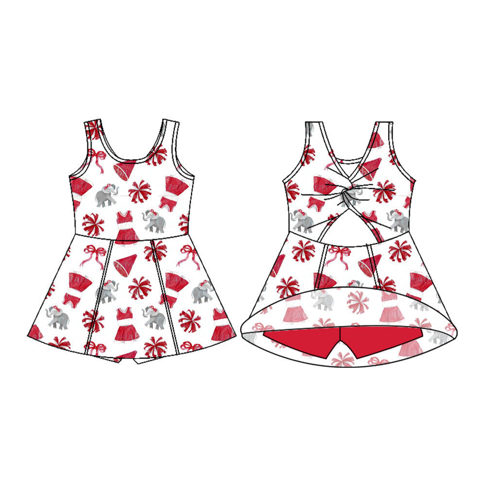 Preorder (moq 5)Baby Girls Sleeveless Bows Elephants Team Cheer Shorts Knee Length Dresses