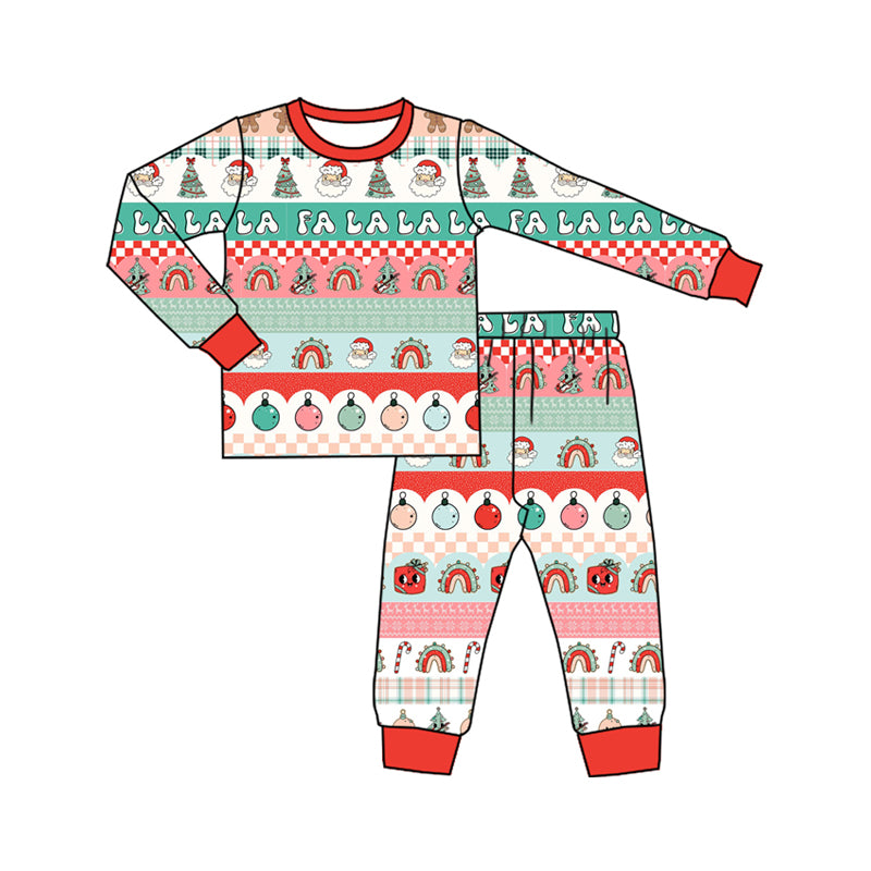 Preorder (moq 5)Baby Boys Green Long Sleeves Santa Trees Stripe Top Pant Pajamas Set