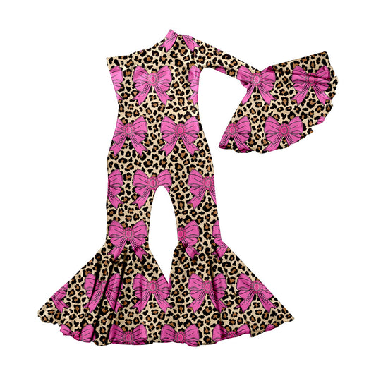 Preorder(moq 5) Baby Girls Pink Turquoises Bows Leopard Western Bell Bottom Jumpsuits