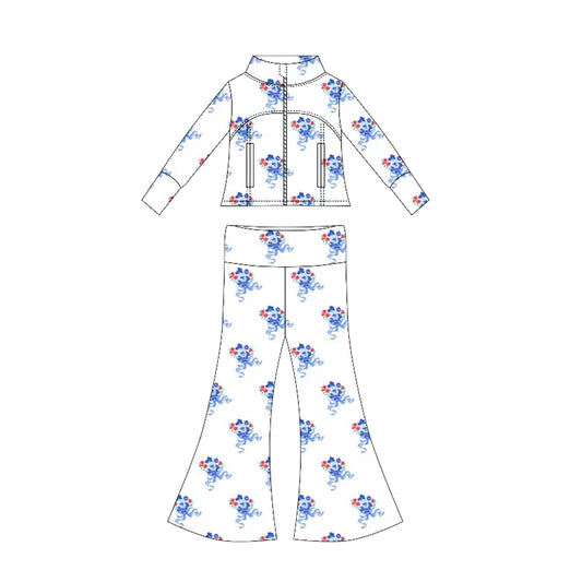 Preorder moq 10 Baby Girls Long Sleeves Blue Bows Flowers Pockets Zipper Top Bell Bottom Pant Set