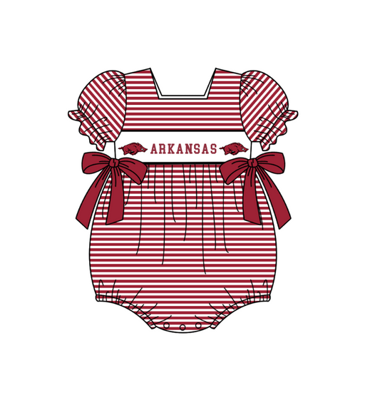 preorder(moq 5) Baby Girls Red Short Sleeve Arkansas Team Stripe Ruffle Rompers