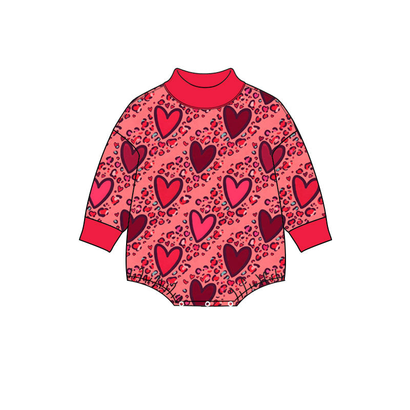 Preorder (moq 5) Baby Girl Clothes Valentine Red Tone Leopard Heart Print Long Sleeve Turtleneck Romper