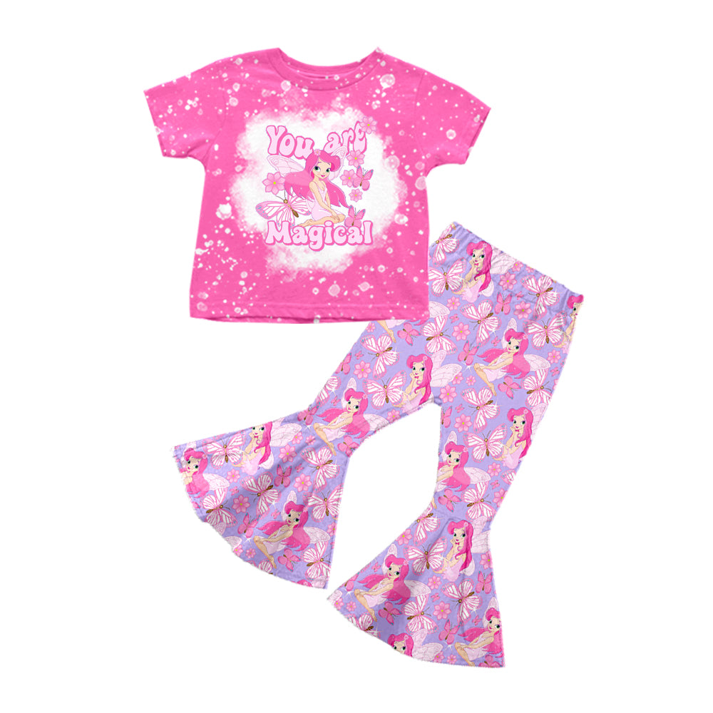Preorder (moq 5)Baby Girls Pink Short Sleeves You Are Magical Butterfly Princess Top Lavender Bell Bottom Pant Set