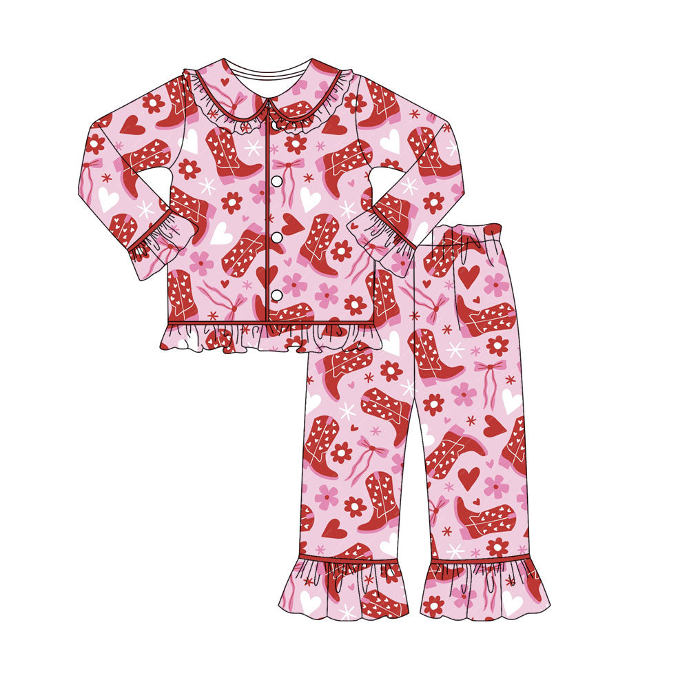 Preorder (moq 5)Baby Girls Hearts Flowers Boots Button Top Ruffle Pants Pajamas Sets